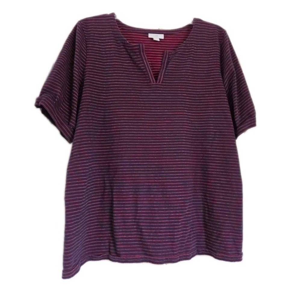 J. Jill  Smart Casual Navy Blue Red Striped Cotton Split Neck Top Women's Large